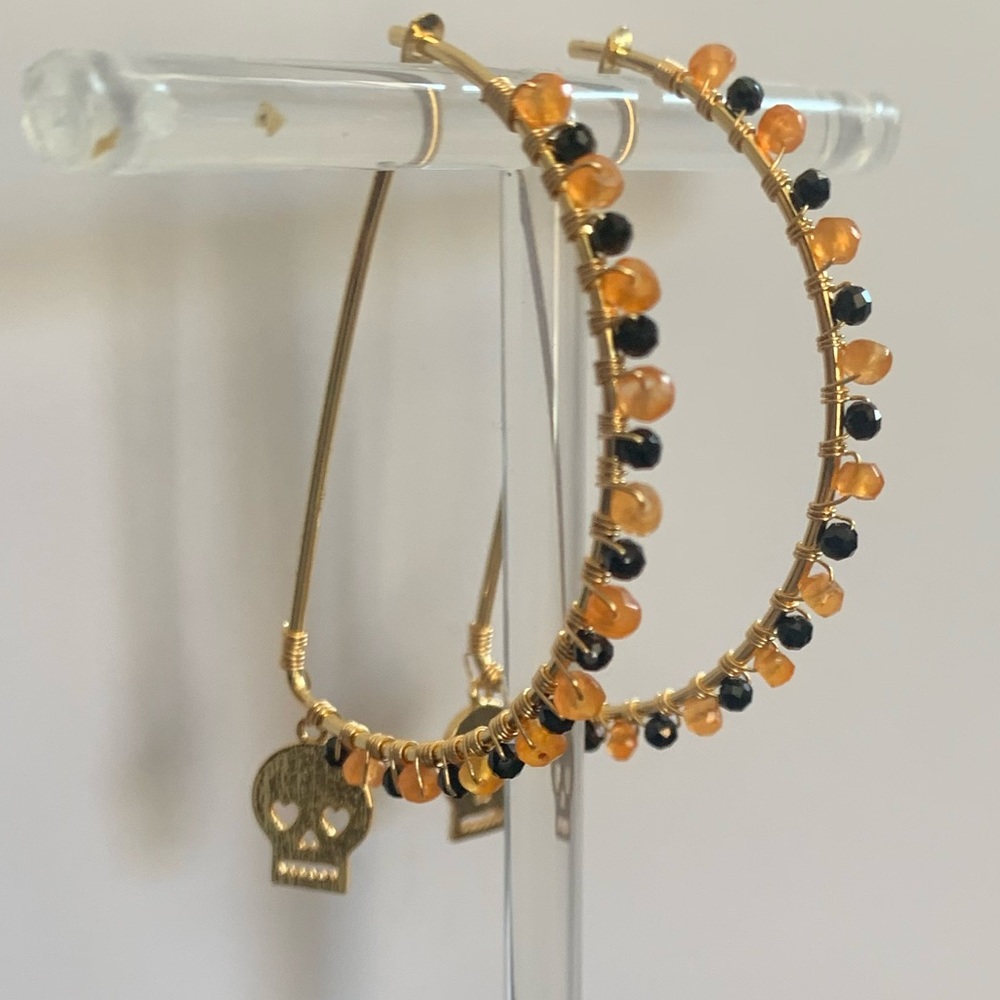 Carnelian and Black Spinel Halloween Skull Dangle Earrings